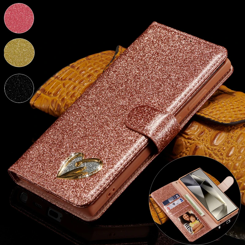 Bling Flash Leather Magnetic Flip Phone Cover For Samsung Galaxy S24 Utra S23 S22 S21 S20 S10 S9+ Note20 Note10 Protective Case