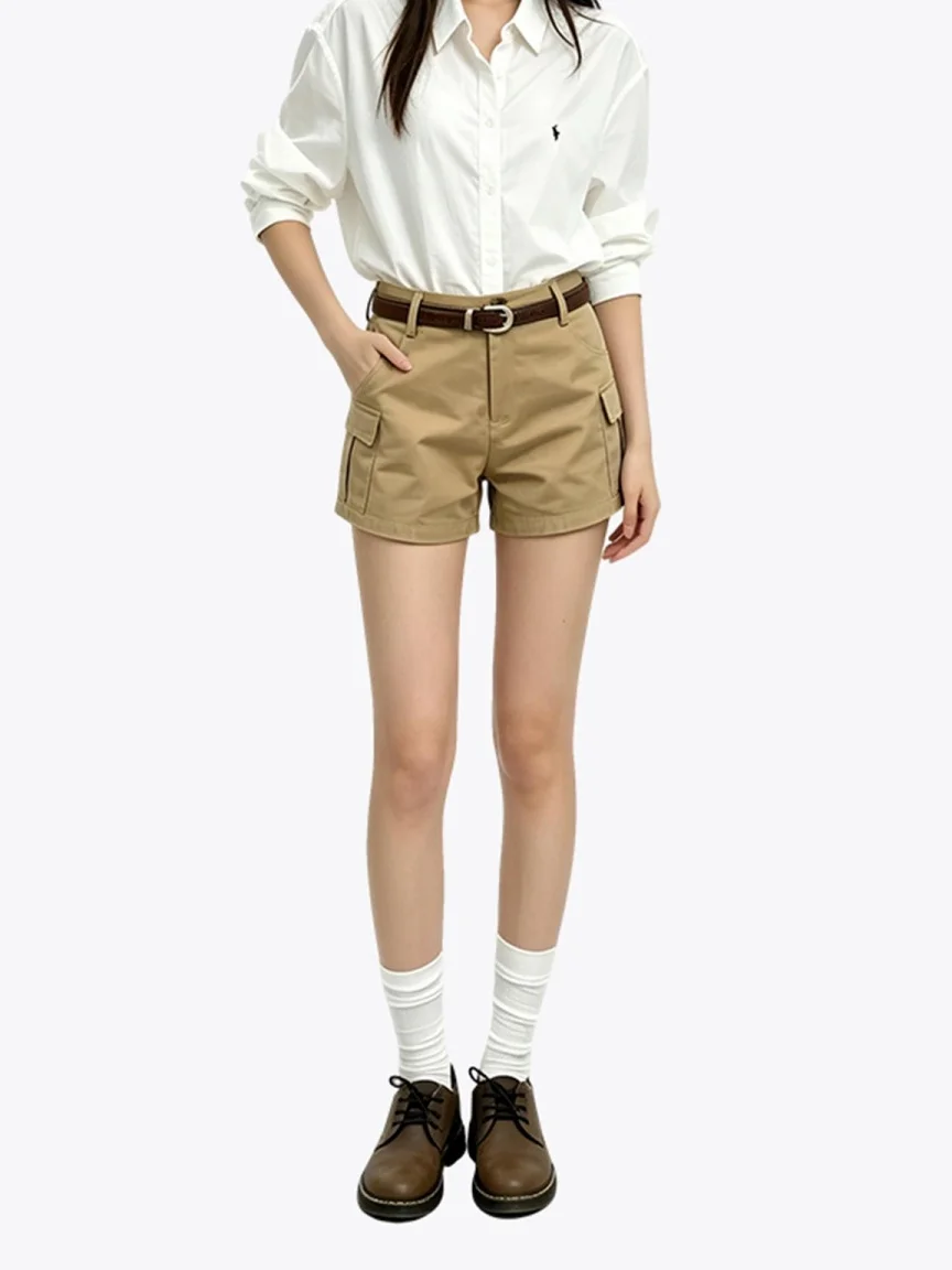High Waist Casual Shorts Women's plus Size American Workwear Style Khaki Color Multi Pocket Straight Leg Pants Autumn Season