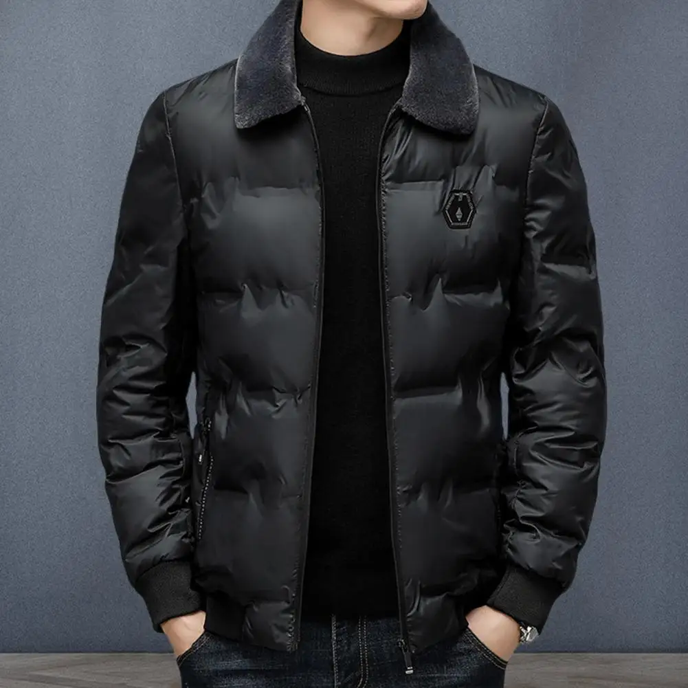 Men Jacket Smooth Windproof Thickened Padded Cold Resistant Loose Plus Size Faux Fur Lapel Sleeve Pockets Mid Length Down Coat