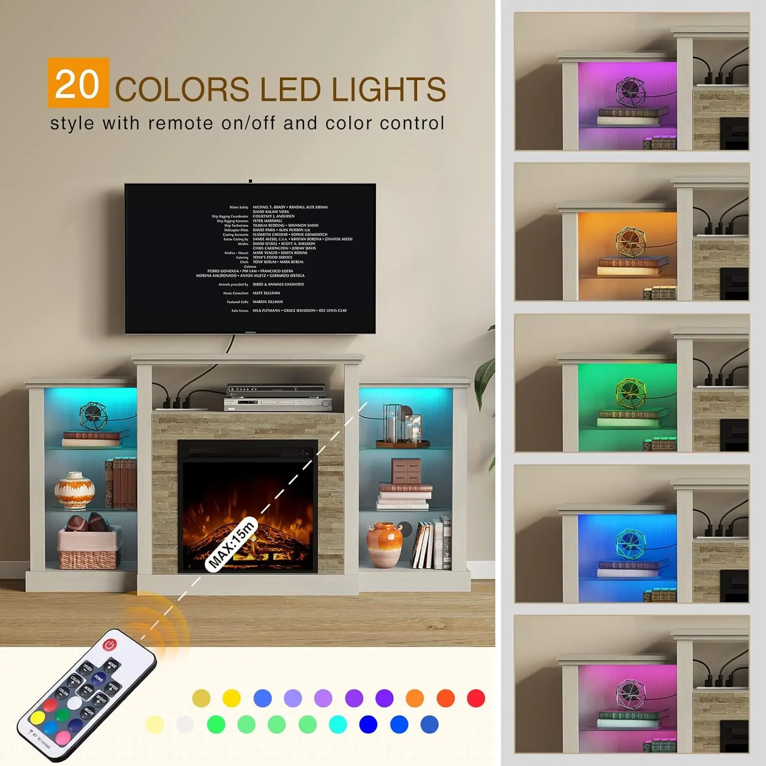 Supporto TV per caminetto con luci LED e prese di corrente, console TV per 32" 43" 50" 55" 65", centro di intrattenimento con G regolabile