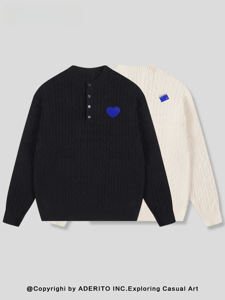 

Вязаная кофта серии Mat с вышивкой в виде сердца, воротником Хенли, для весны и осени, из полиэфирного волокна, с длинными рукавами