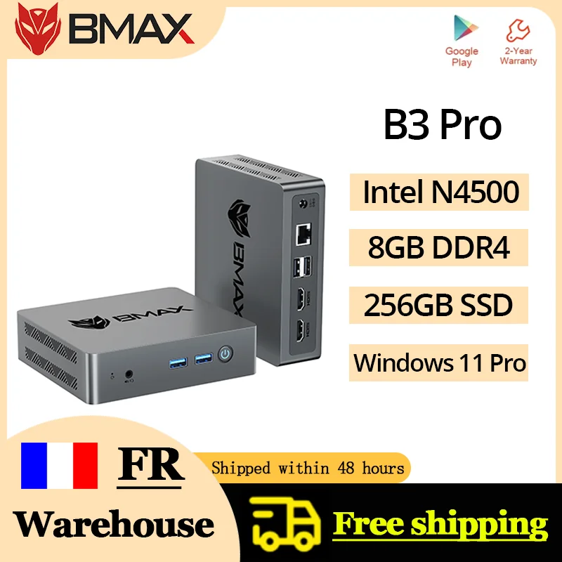 Mini PC BMAX B3 Pro Windows 11, Intel N4500, 8 Go de RAM, SSD 256 Go, HDMI, USB, Wi-Fi double bande, prend en charge la 4K à 60 Hz, Intel HD Graphics.