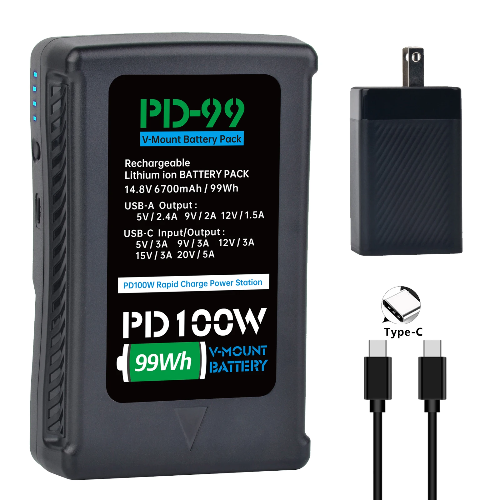 Аккумулятор с V-образным креплением, порт USB-C и адаптер переменного тока мощностью 65 Вт для видеокамеры Sony Broadcast, светодиодная видеолампа Blackmagic URSA Mini Pro