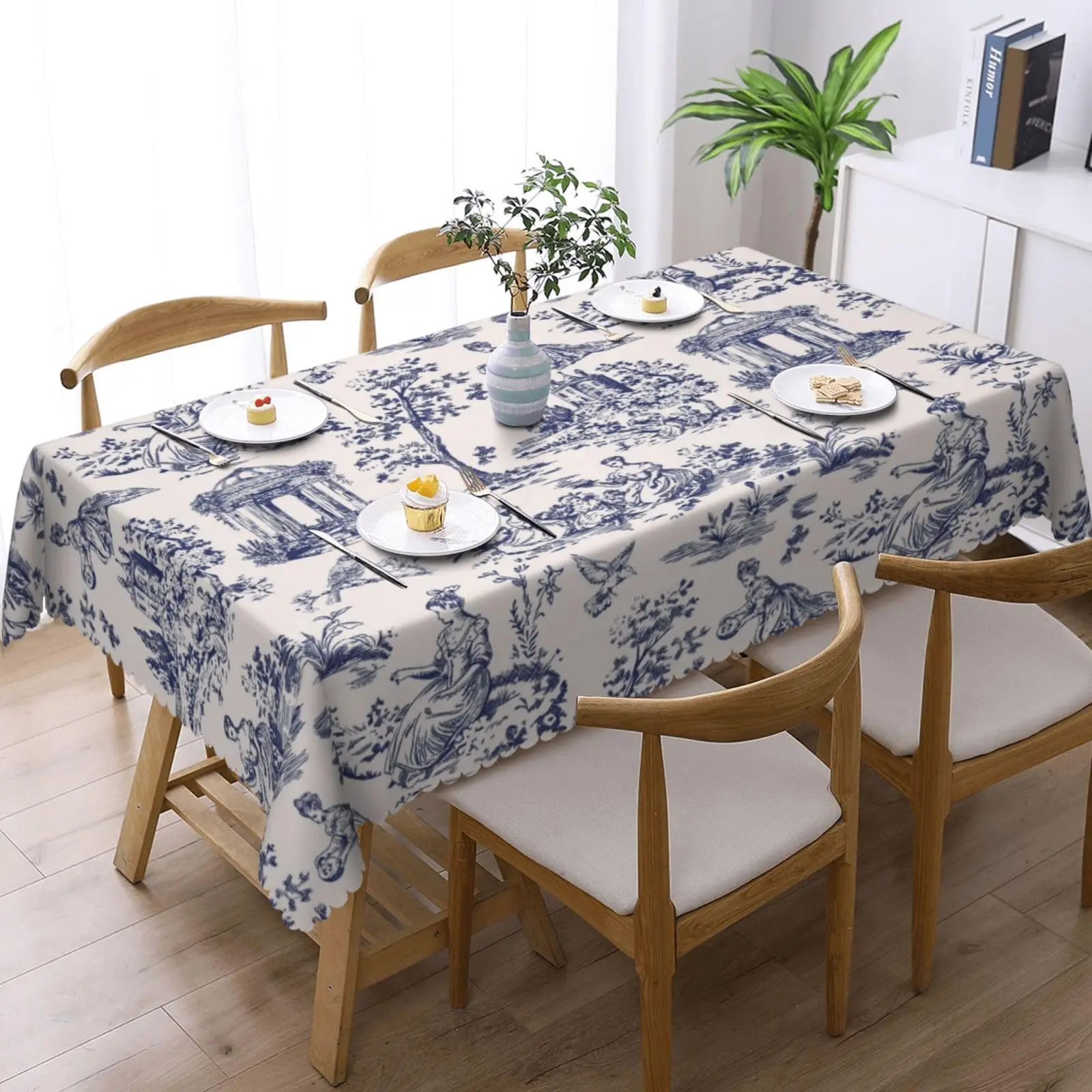 Blau-weiße Toile De Jouy bedruckte Tischdecke, wasserdichte, schmutzabweisende Tischdecke für Küche, Esszimmer, Party