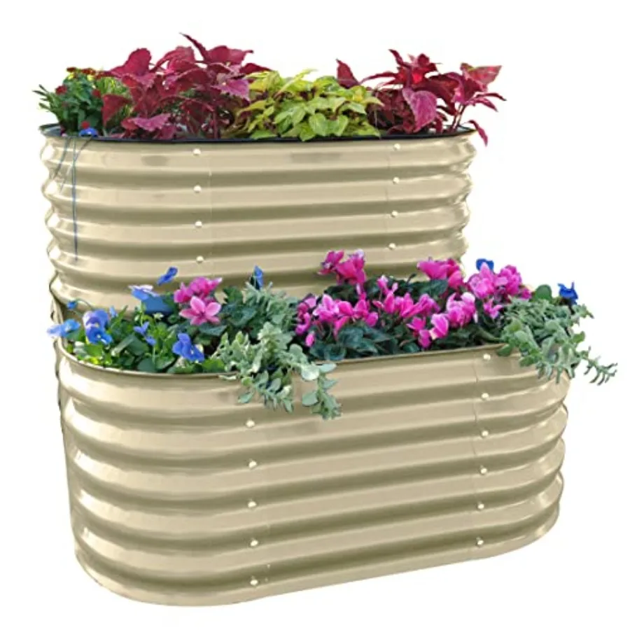 Jardinera Elevada en Cascada, de Metal Galvanizado para Exteriores, para Cultivo de Vegetales, Hierbas y Flores, Color Blanco Perla