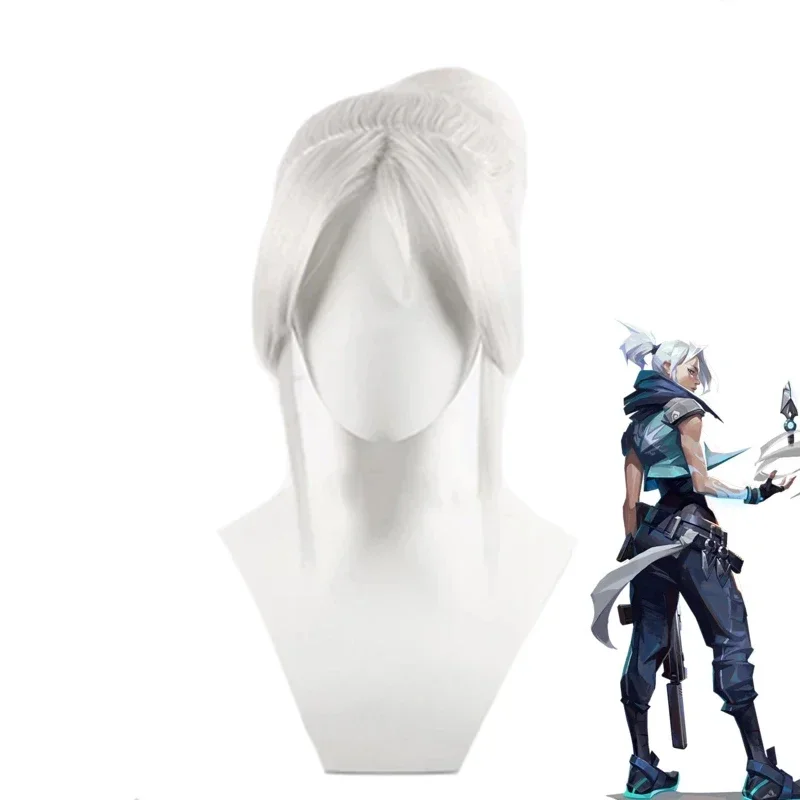 Game Valorant Jett Cosplay Wig Silvery White Heat Resistant Wigs Halloween Women Cosplay Wigs }