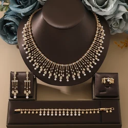 Women Fashion Waterdrop Pearl Zircon Tassel Bridal Necklace Bracelet Ring Earring Set Women Boutique Wedding Anniversary Jewelry