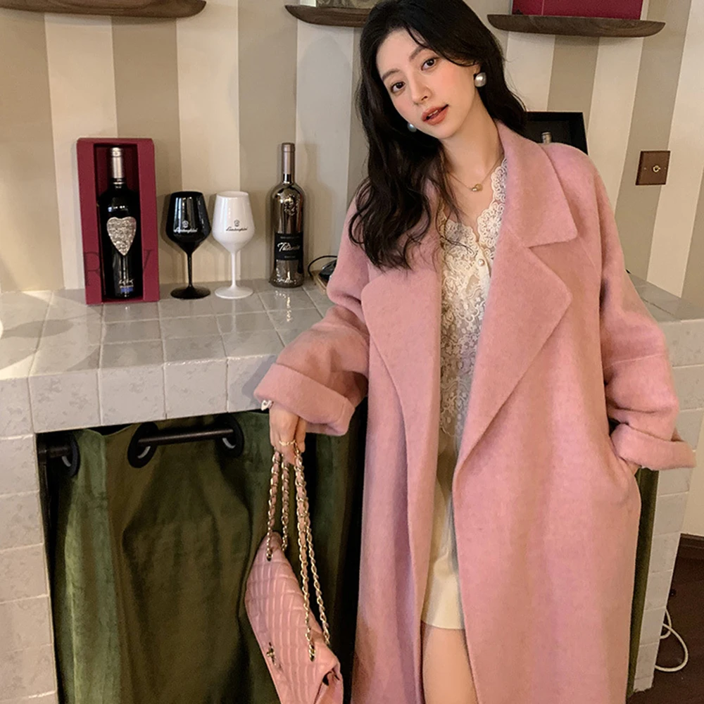 Women New Double-Sided Alpaca Wool Overcoat Mid-Length Autumn Winter Loose Suit Collar Long Woolen Coat With Belt Solid Color