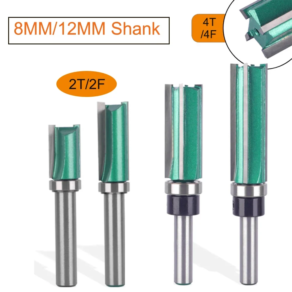 Tideway 1/2" 1/4" Shank Flush Trim Router Bit  Woodworking Tungsten Carbide Straight Bit With Bearing 2 Flutes Milling Cutter