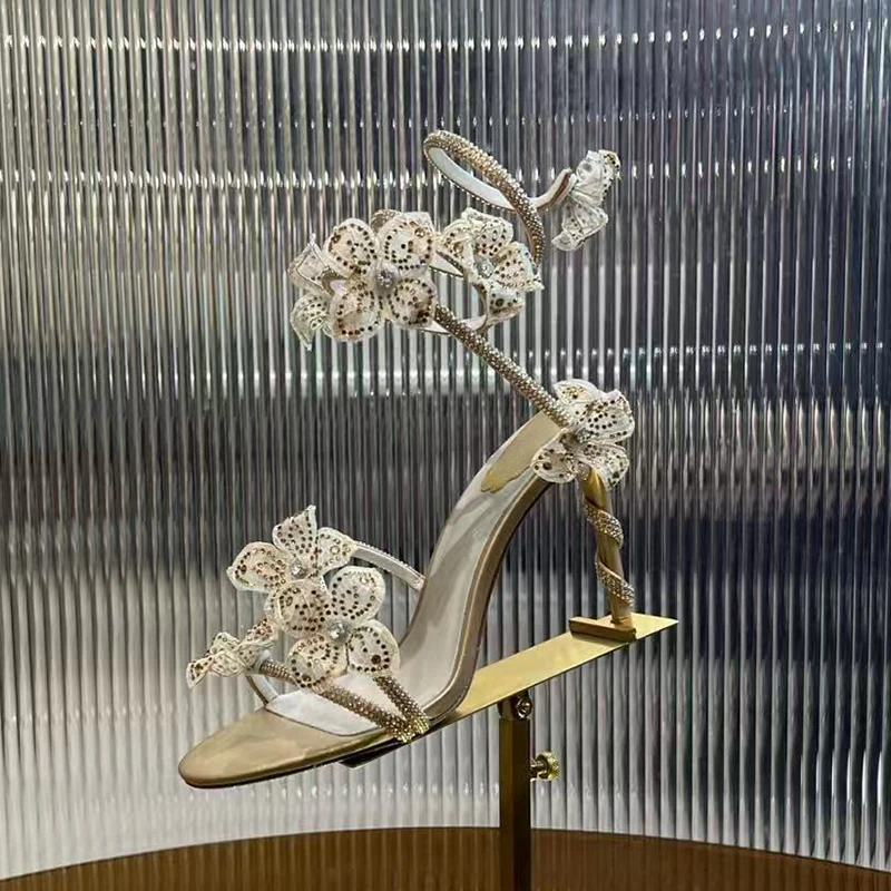 

Snake Shaped Elastic Strap Thin High Heels Sandals Women Rhinestone Flower Decor Sandalias Summer Dress Shoes Bridesmaid Shoes