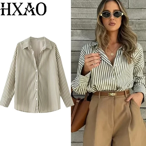 HXAO 2025 camisas blusas nueva camisa larga a rayas mujeres camisas casuales de manga larga Tops grandes verano camisas con botones lisas 088