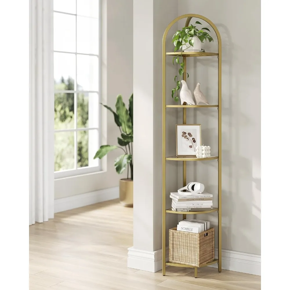 5-Tier Corner Shelf Stand, Corner Bookshelf, Bathroom Organizer, Plant Stand, Tempered Glass, Steel Frame, Modern Style