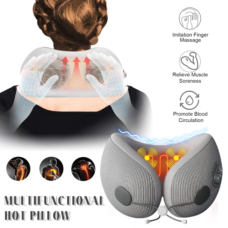 Almohadas de viaje portátiles en forma de U para aviones, masaje con calefacción de 3 modos, espuma de memoria, almohadas ergonómicas para el