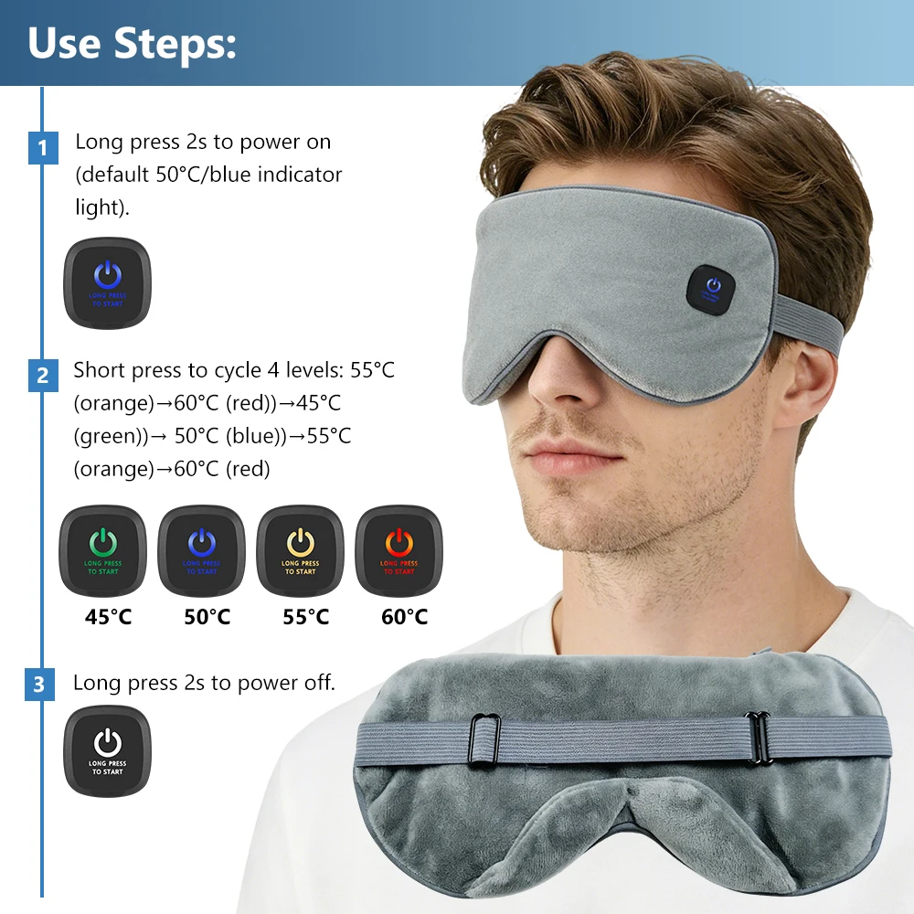 Heated Eye Mask with 4 Levels Heating Warm Steamer Detachable Washable Sleeping Dry Eye Dark Circle Ralaxation Rechargeable Pad