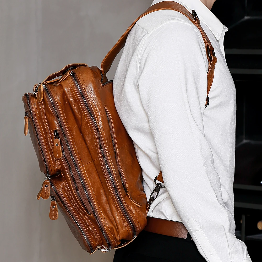 Vintage Genuine Leather Men's Backpack Casual Fashion Multi functional Portable Document Bag Headcoat Cowhide Crossbody Backpack