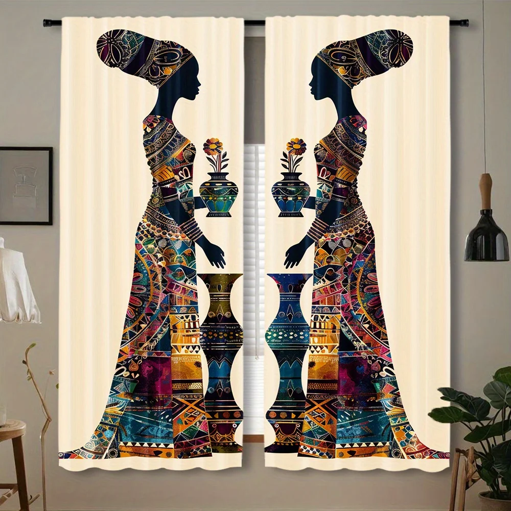 Tribal Mosaic African Lady Curtain 2 Panels Ornate Geometric Vase Floral Cream Backdrop Inn Room Curtain Exotic Art Bedroom Home