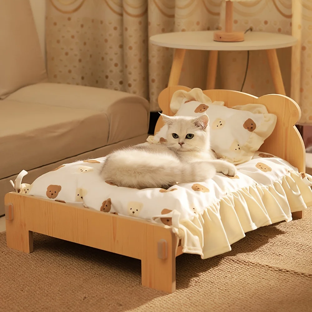 Katzenbett aus Holz mit Bärenmuster, ganzjähriges, gemütliches Haustierhaus mit abnehmbarem, waschbarem Kissen, einfache werkzeugfreie Montage, Holzrahmen-Nest