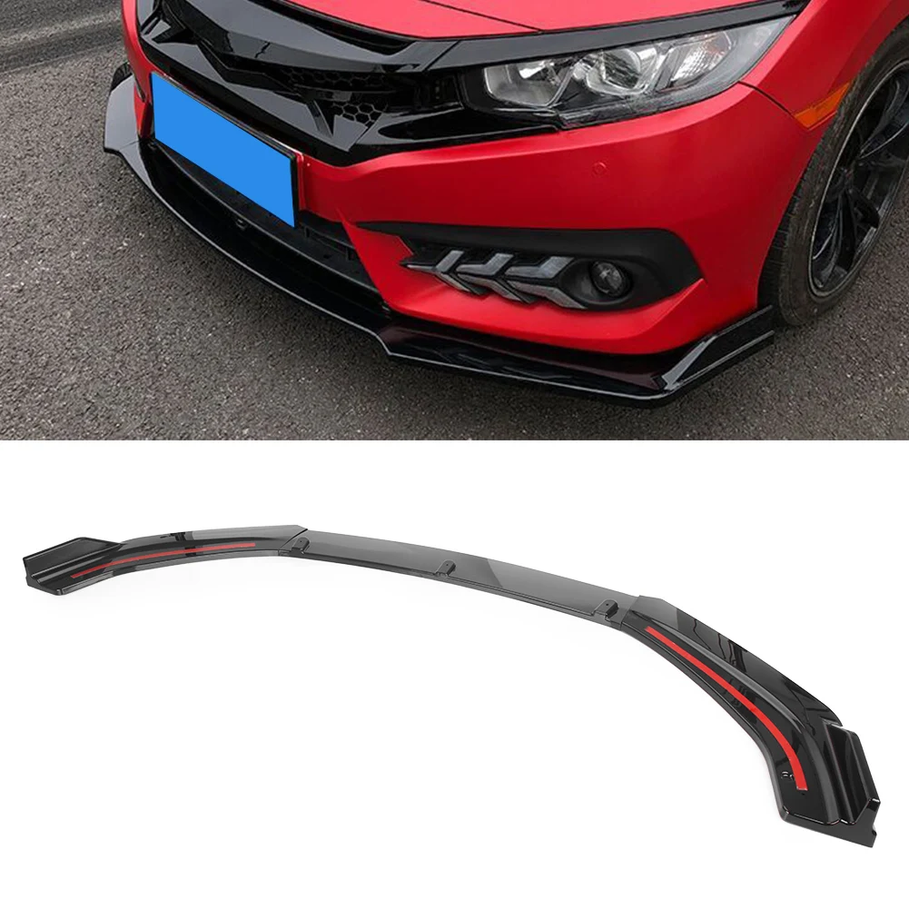 Alerón de parachoques delantero de coche negro brillante, embellecedor divisor de labio para Honda Civic Sedan 2016 2017 2018 2019 2020, plástico ABS 3 unids/set