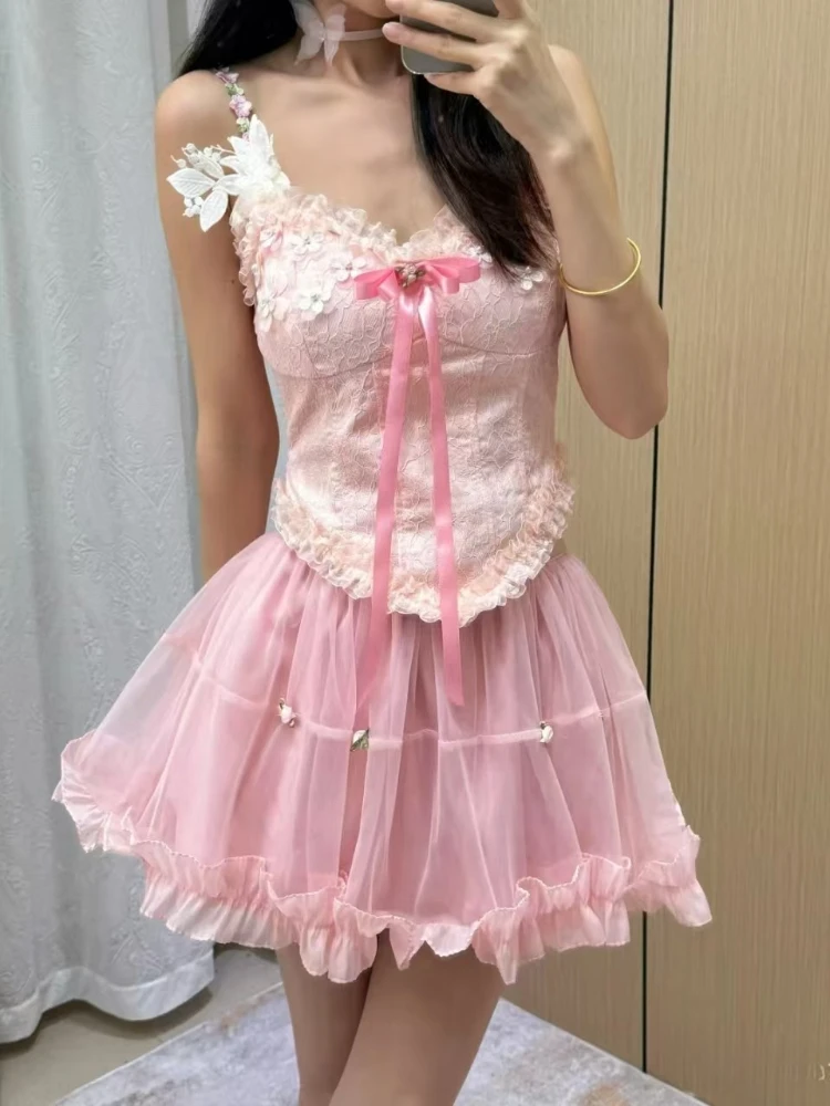 Design Summer Sweet Slim 2-piece Set Women Vintage Chic Off Shoulder Bow Sling Tops Female + Elastic Waist Short Skirt Outfits