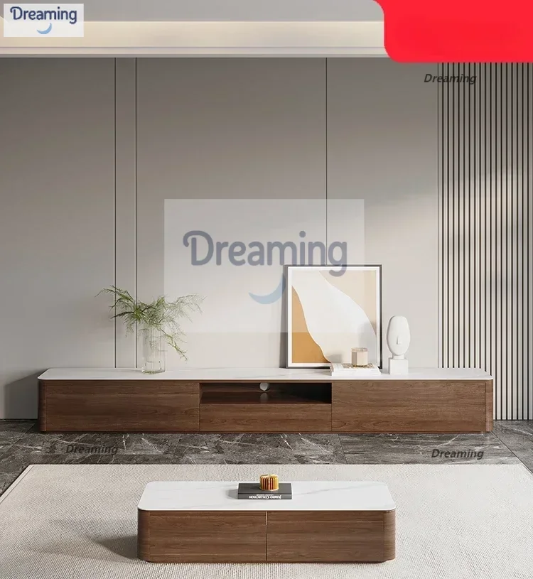 

Slate TV cabinet coffee table combination walnut color floor-to-ceiling Nordic minimalist apartment living room floor