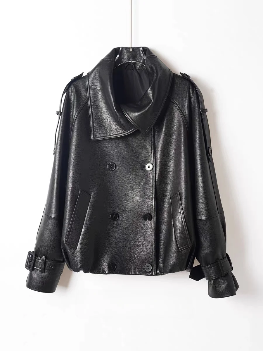 Giacca in Vera Pelle alla Moda per Donne, Moderno Cappotto Corto in Autentica Pelle di Pecora con Colletto Rialzato, Top Invernale con Risvolto