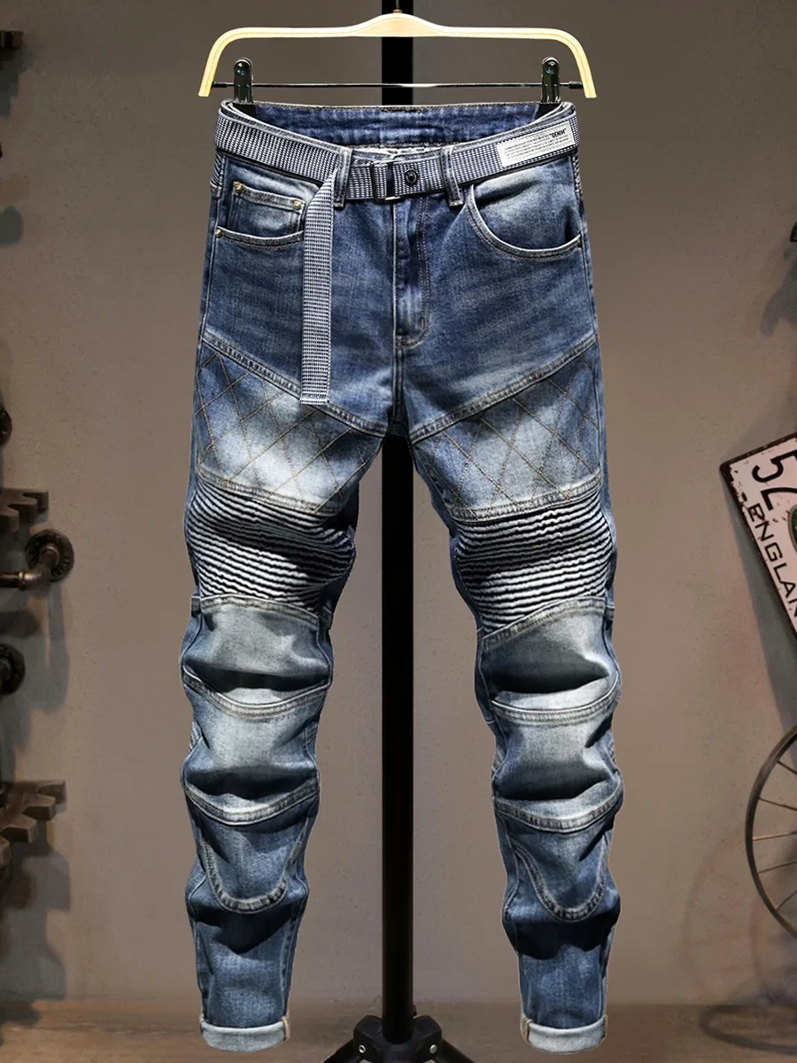 

Американские джинсы-пэчворк для мотоциклистов, мужские эластичные брюки слим-фит, модные молодежные длинные брюки в стиле High Street