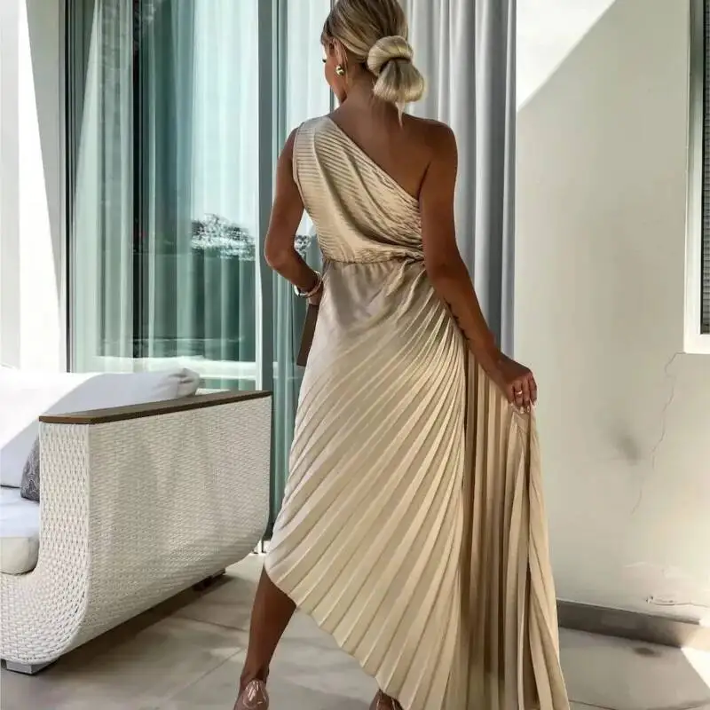 Vestido largo sexi de fiesta con cintura sin mangas y cuello Diagonal para mujer, vestido liso calado elegante con decoración floral a la moda