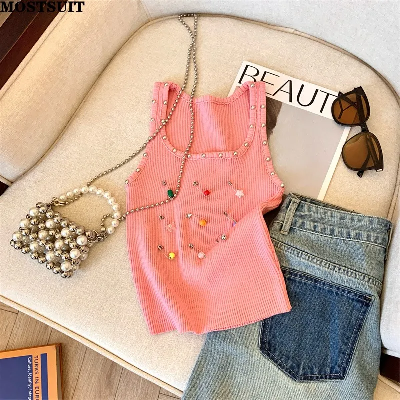 Sexy Stylish Slim Knit Sweater Vests Women Chic Crop Tops 2024 Summer Sleeveless U-neck Rivets Streetwear Fashion Knitwear Jumpe