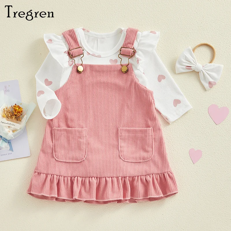 Tregren 0-18M Infant Baby Girls 3Pcs Spring Outfits Heart Print Romper + Suspender Skirt + Headband Set Cute Newborn Clothes