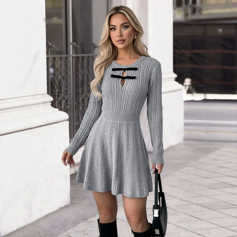 

Women Knitted Dresses Solid Dress O Neck Mini Lenth Long Sleeves Waist Cinch A Line Slim Office Lady Casual 2025 Spring Autumn