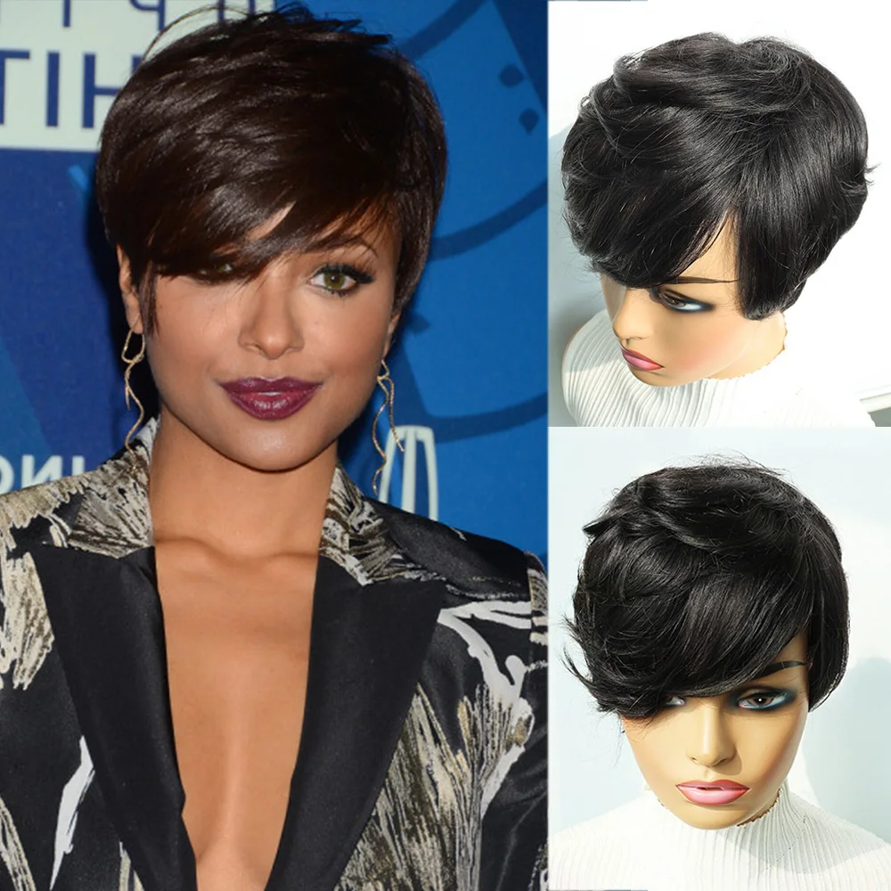 Natural Color Full Machine Made Wig For Women Brazilian Remy Human Hair Wig Pre Plucked Short Pixie Cut Bob Wig With Bangs