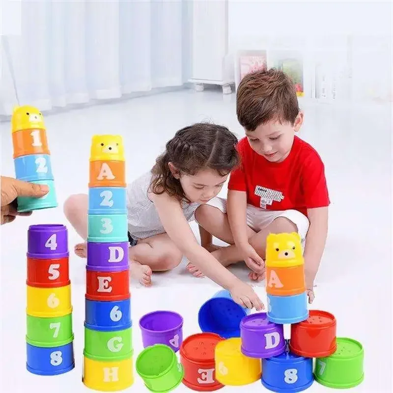 9PCS Stacking Cups Stackable Rainbow Tower with Numbers Letters Shapes Children's Educational Montessori Toys Beach Kids ﻿Gifts