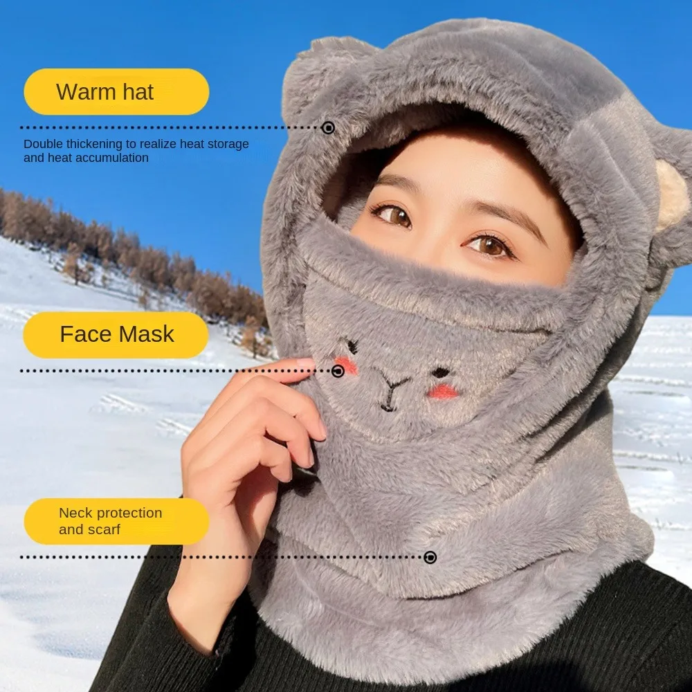 Cute Bear Warm Pullover Hat Anti-freezing Plush Scarf Hat With Mask Cycling Cap Winter