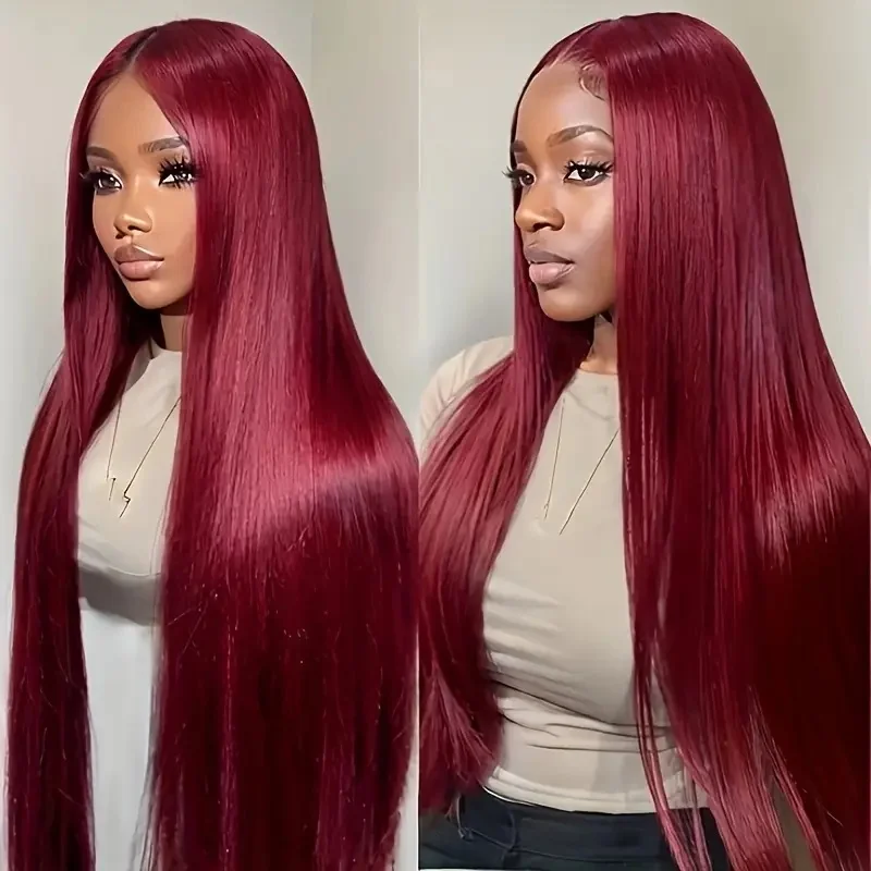 

Straight 13×4 Lace Front Wigs Human Hair Burgundy Transparent Pre Plucked Red Color 220 Density Lace Frontal Wigs For Women 99J