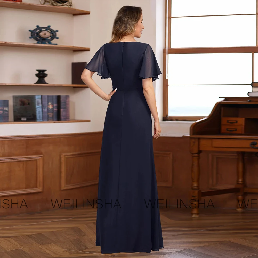 Vestidos elegantes para mamá de boda, vestido de fiesta de boda de gasa con corte en A, azul marino, con cuello en V, diamantes de imitación, plisado, vestido largo para madre del novio