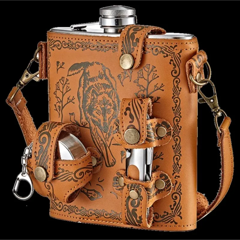Vintage 304 Stainless Steel Wine Pot With PU Leather Cover Capacity 1 Pound Wine Thicken Outdoor Portable Flat Wine Pot ZI591