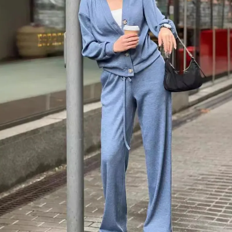 Autumn New Comfortable Casual Sweater Women\'s Suit Solid V-neck Long-sleeved Cardigan Top Jacket Lace-up Sweatpants Fashion Suit