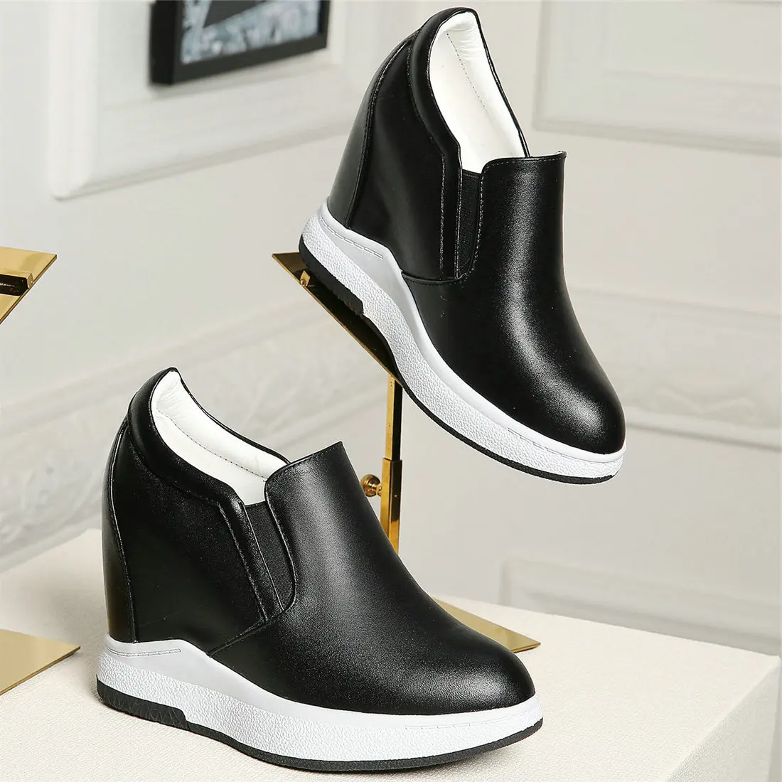 Fashion Sneakers Women Slip On Genuine Leather Wedges High Heel Pumps Shoes Female Round Toe Platform Ankle Boots Casual Shoes