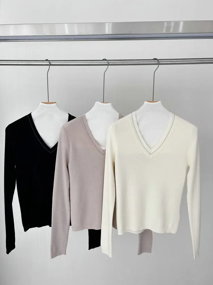 

Women Bead Chain Wool Sweater Autumn Winter V-Neck Knitwear Tops Long Sleeve Slim Elegant Ladies Knitted Pullover