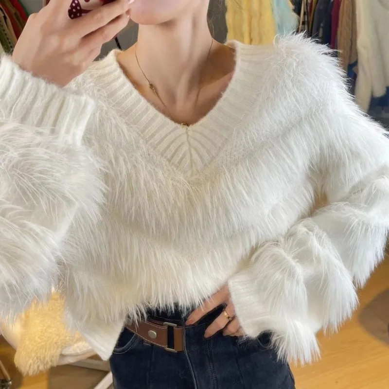 Fluffy Sweater Women Knitted Pullover Faux Mink Sweater Korean Fashion Loose Tops Kawaii Clothing Long Sleeve Y2k Clothes