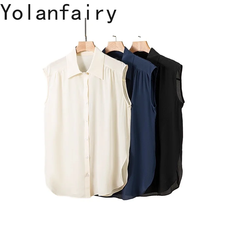 

YOLANFAIRY 100% Real Mulberry Silk Shirt for Woman Crepe Sleeveless Shirts Dames Summer Top 2025 Office Wear Women Shirts 여성 옷