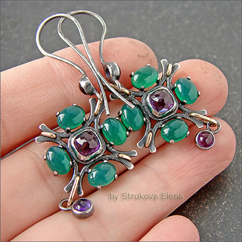 Vintage Flower Geometry Green Purple Stone Earrings Gold Silver Color Earrings for Women Wedding Engagement Jewelry