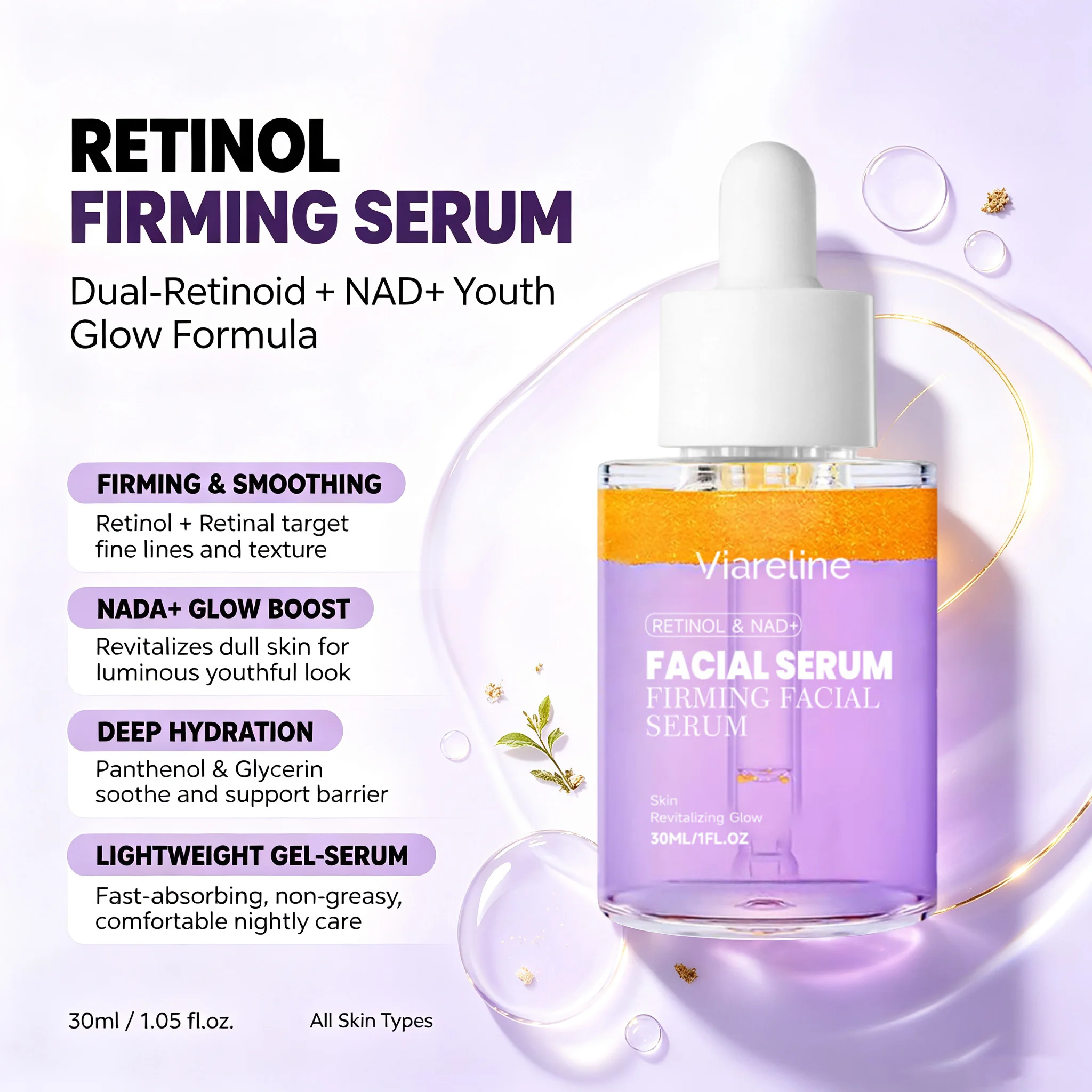 Retinol & NAD+ Firming Facial Serum Korean Elasticity Skin Texture Brightening Hydrating Anti-Aging Skin Care Smooth-Looking Ski