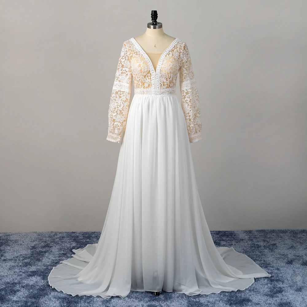 

Full Sleeve Chiffon Wedding Dresses Ivory/White V Neck Lace Applique 2022 New Summer Up Bridal Gowns Women Robe De Mariée