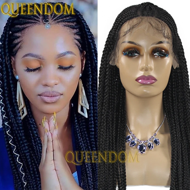 36 Inch Synthetic Braid Wig for Black Women Full Lace Box Braids Brilliant Tribal Wig Knotless Cornrow Plait Braided Goddess Wig