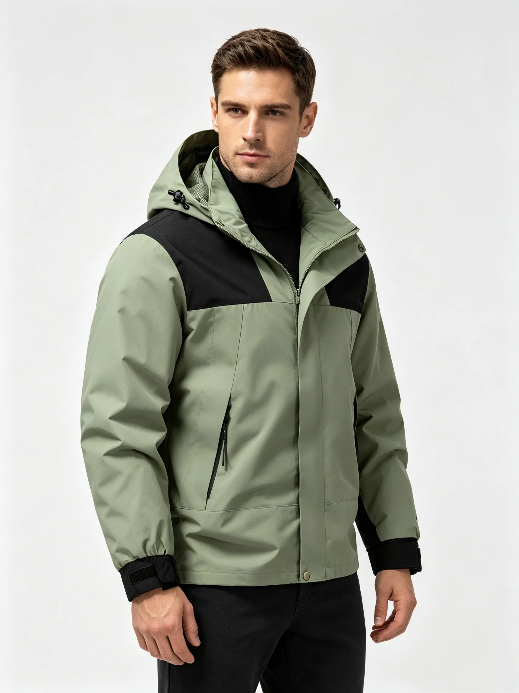 Men Sage Green Black Colorblock Hooded Windbreaker Jacket Full Zip Multi Pockets Mesh Lined Outdoor Coat
