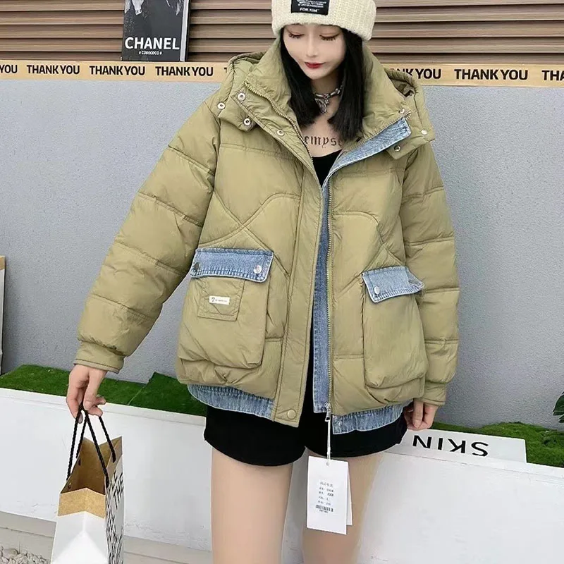 New Women\'s Denim Splicing Down Jacket Autumn Winter Warm Jackets 90% White Duck Down Coat Female Cold Hooded Parker Outerwear