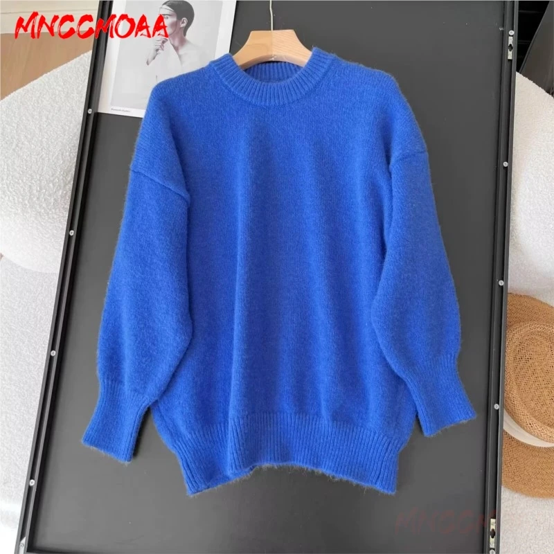 2024 Autumn Winter Woman Knit Sweater Fashion Loose Round Neck Female Long Sleeve Blue Knitted  Pullovers Tops