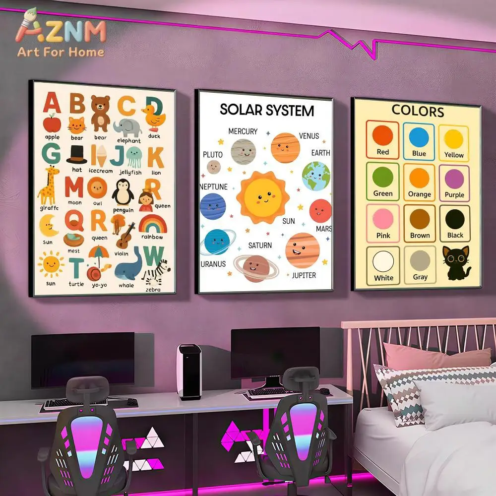 AZNM Kids Educational Canvas Wall Art Prints Solar System Alphabet Colors Months Vehicles Nursery Learning Decor Poster view 2