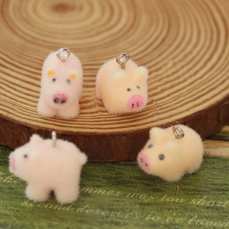 30Pcs 3D Cute Flocked Pig Charms Cartoon Animal Pig Pendant Earrings Keychains Necklace Accessories for DIY Crafts Jewelry Make